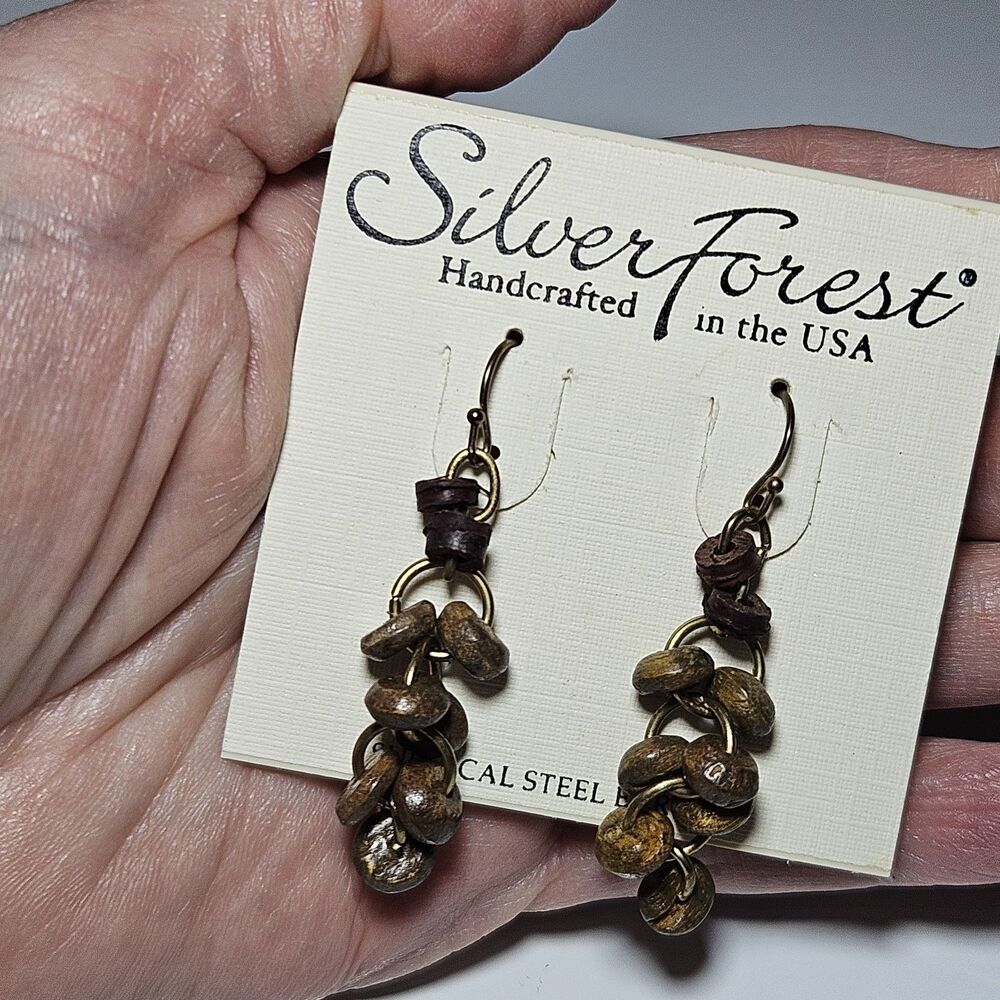 **Sale** Silver Forest Brown Wood Dangling Earrings New